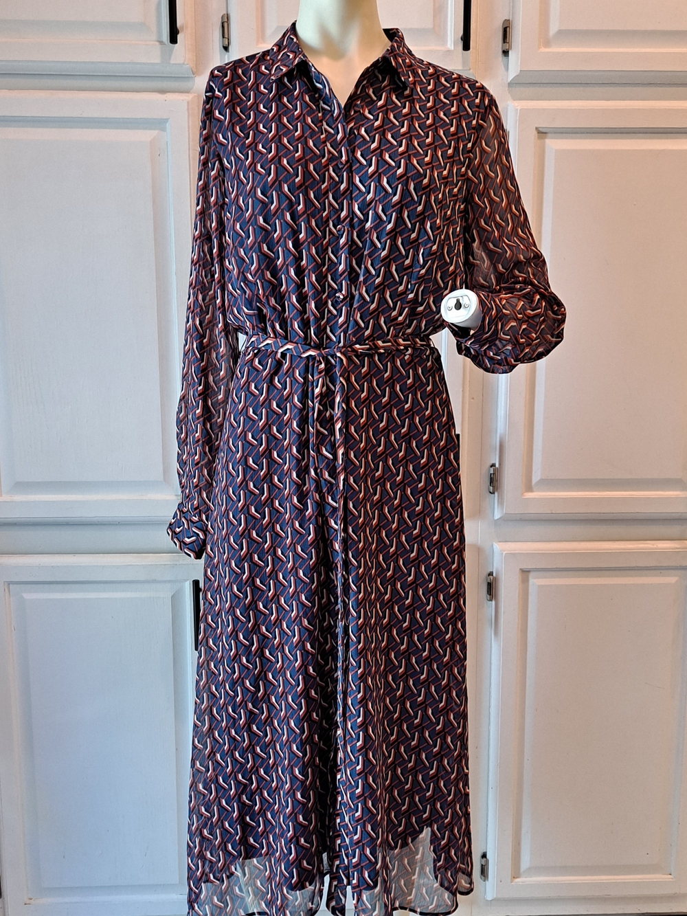 DR2 Navy Black White Orange Geometric Printed Midi Shirt Dress Tie Waist Lined